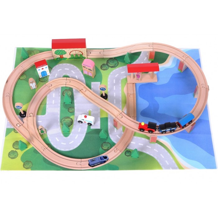 Set trenulet din lemn cu Locomotiva Electrica cu Baterie